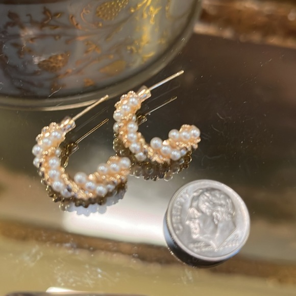 Mini Gold Twisted Pearl Hoop Post Earrings - Picture 2 of 4